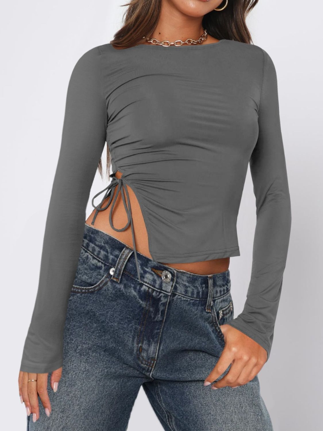 Tie-hem long-sleeve tee, Dark Gray