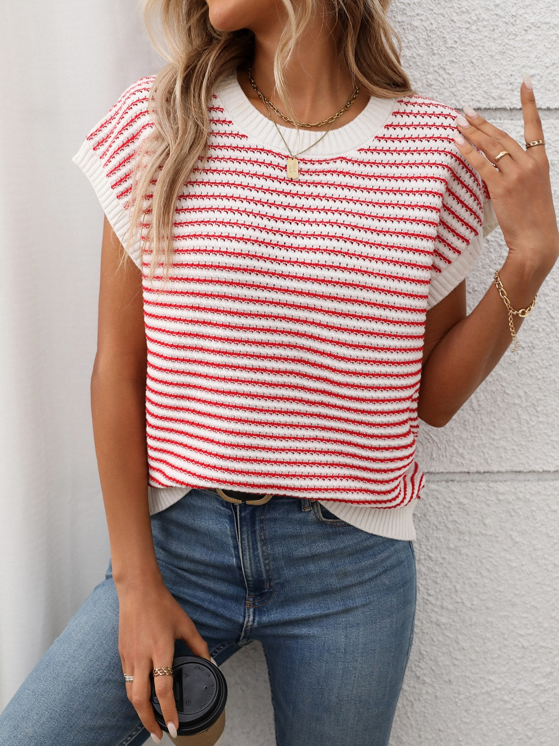 Striped round neck short sleeve knit top