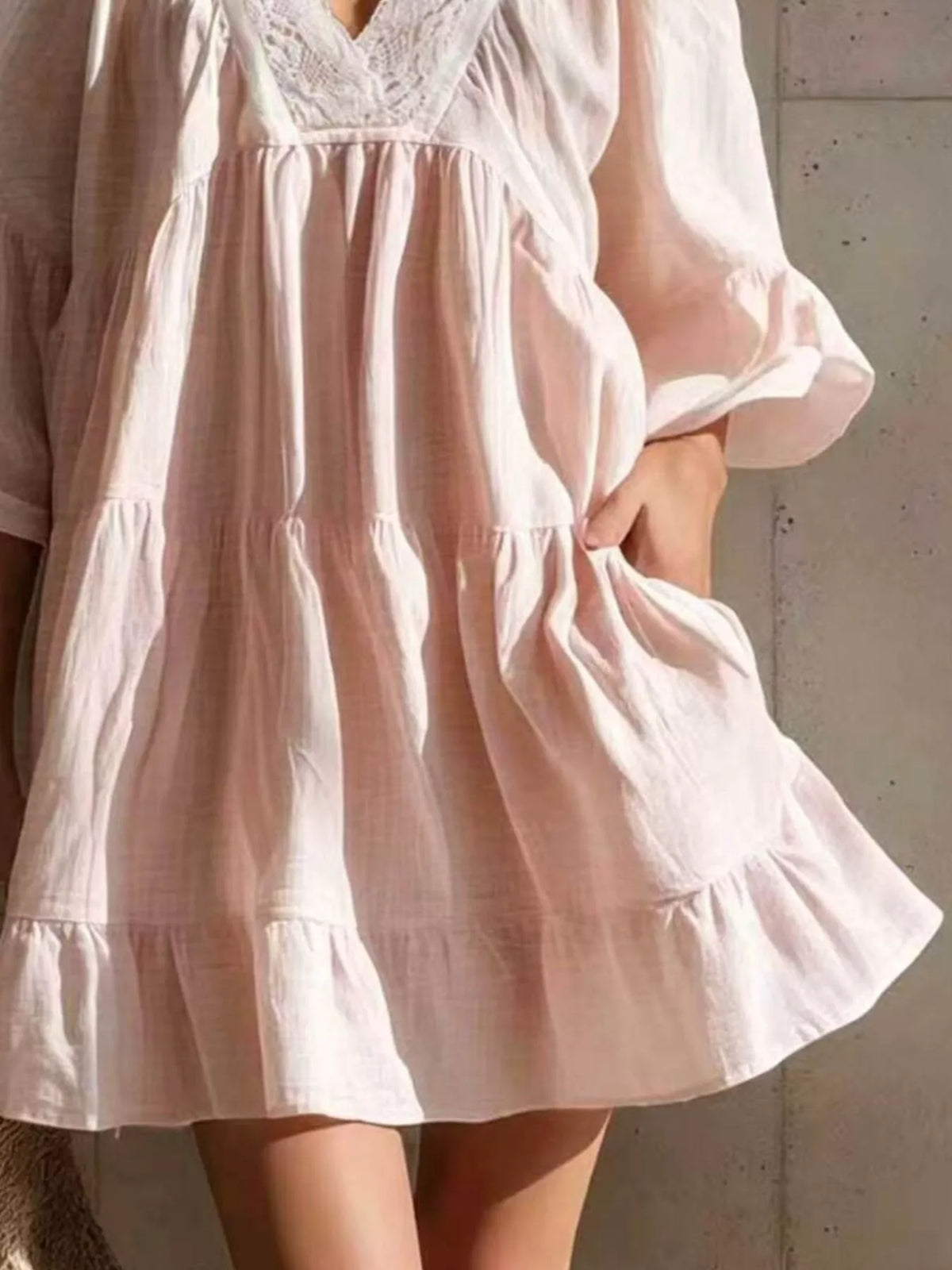 Lace-trim puff-sleeve dress