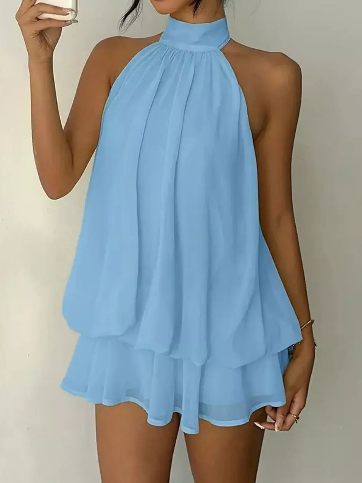 Ruched halter mini dress – sky blue