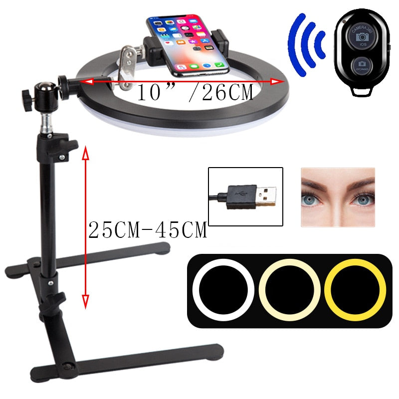 Video Youtube Fill Ring Light Lamp Live COOK 26CM Photography Lighting Phone Ringlight Tripod Stand Photo Led Selfie Bluetooth