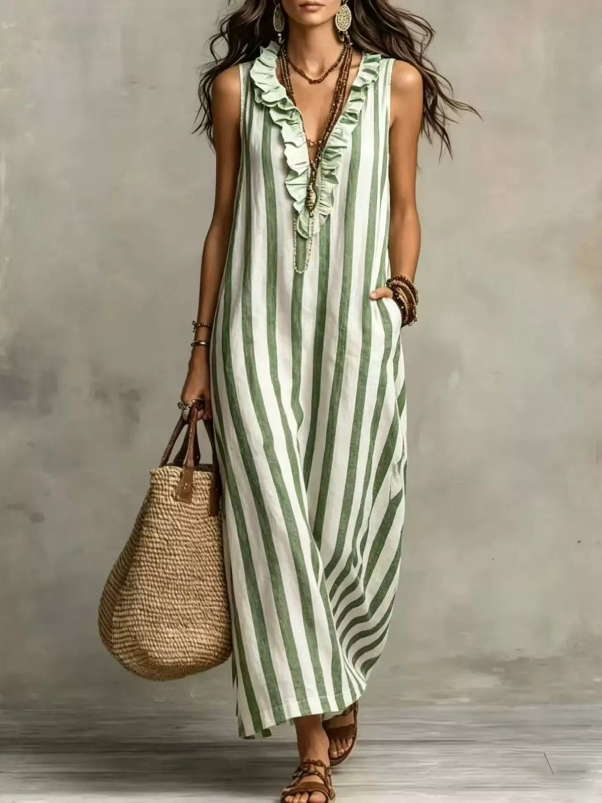 Sleeveless striped ruffle V-neck maxi dress, Green