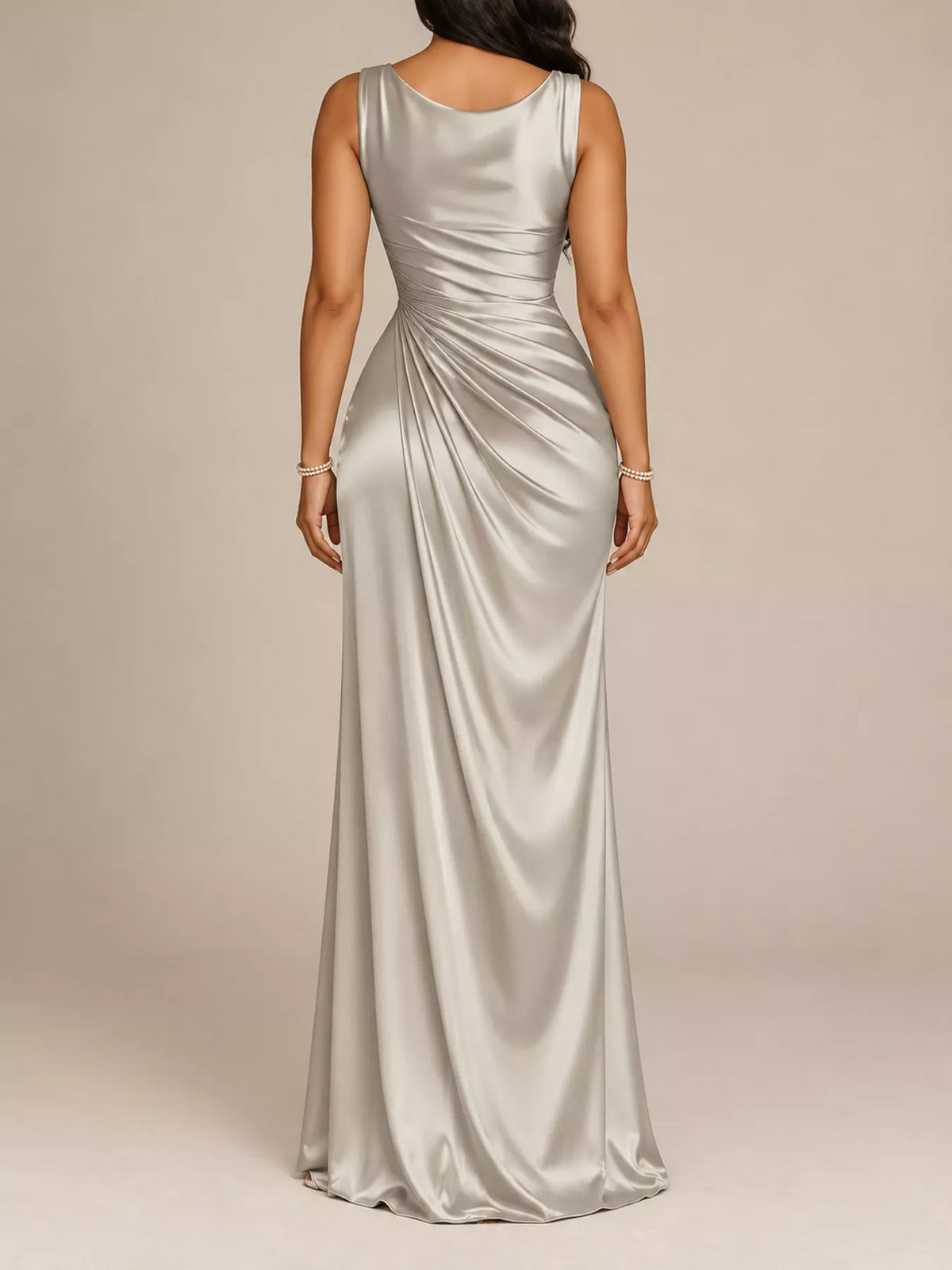 Satin cowl neck high slit evening maxi dress