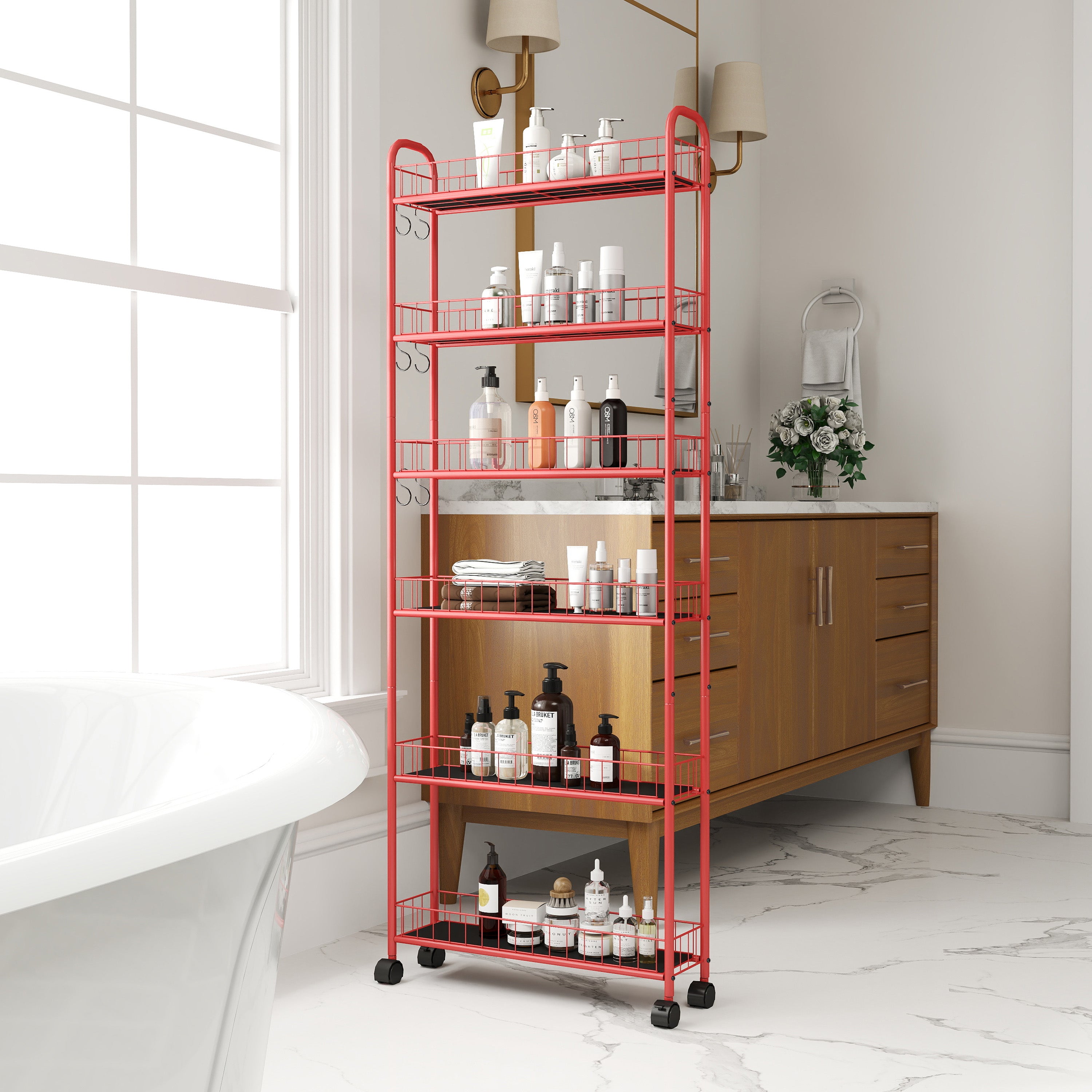 Red 6-story rolling cart gap kitchen ultra-thin sliding out storage tower shelf with wheels, 6 baskets