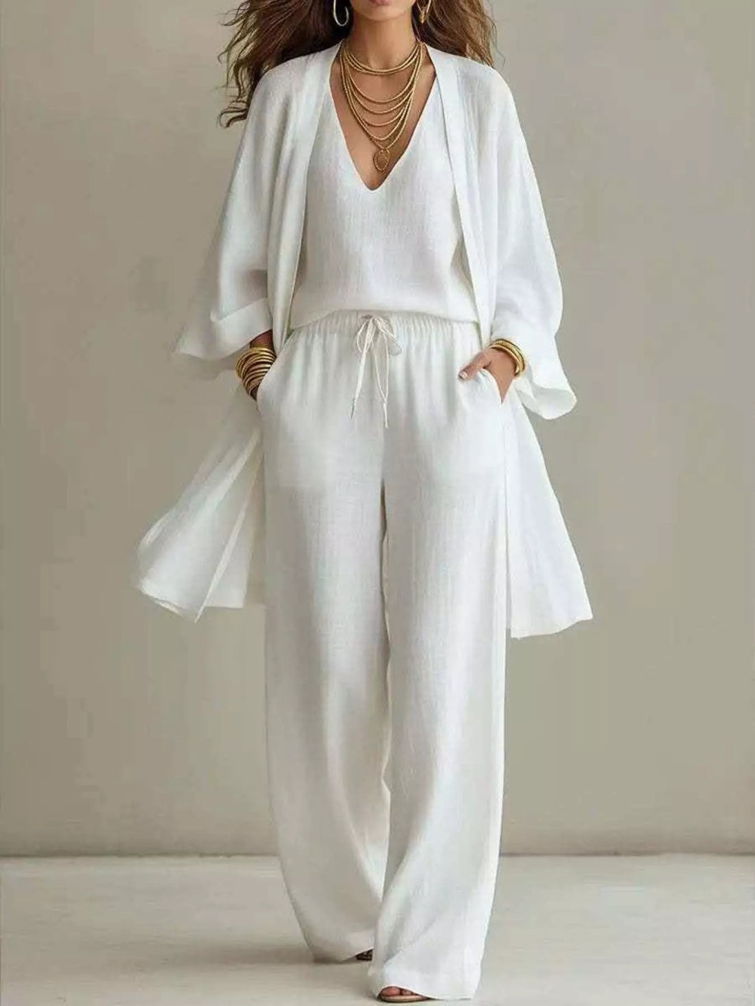 V-neck top &amp; cardigan &amp; pants three-piece set, White