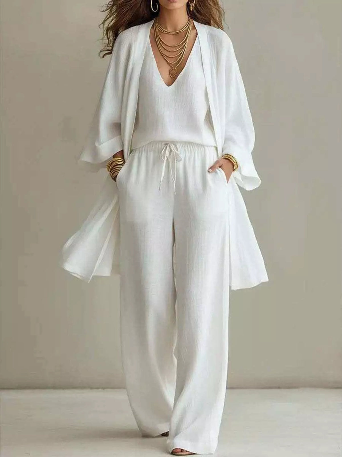 V-neck top &amp; cardigan &amp; pants three-piece set, White
