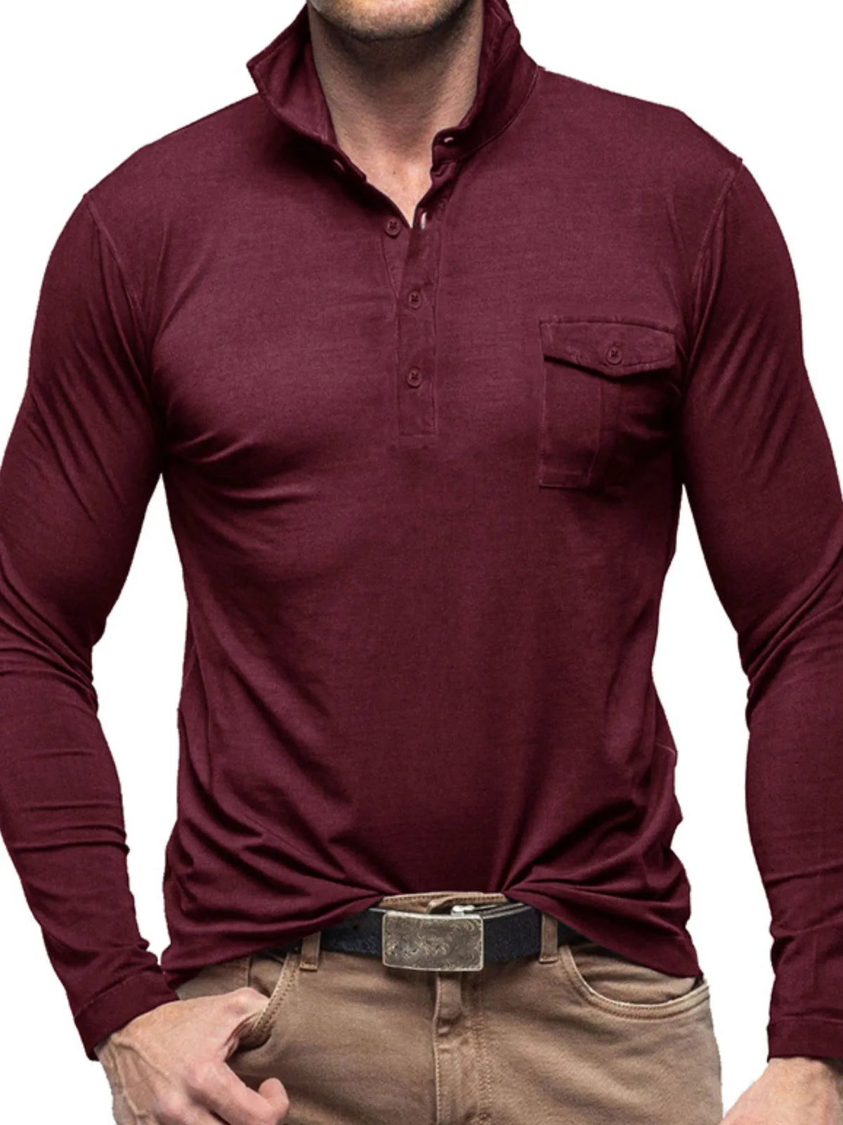 Basic style collared neck long sleeve polo, Burgundy