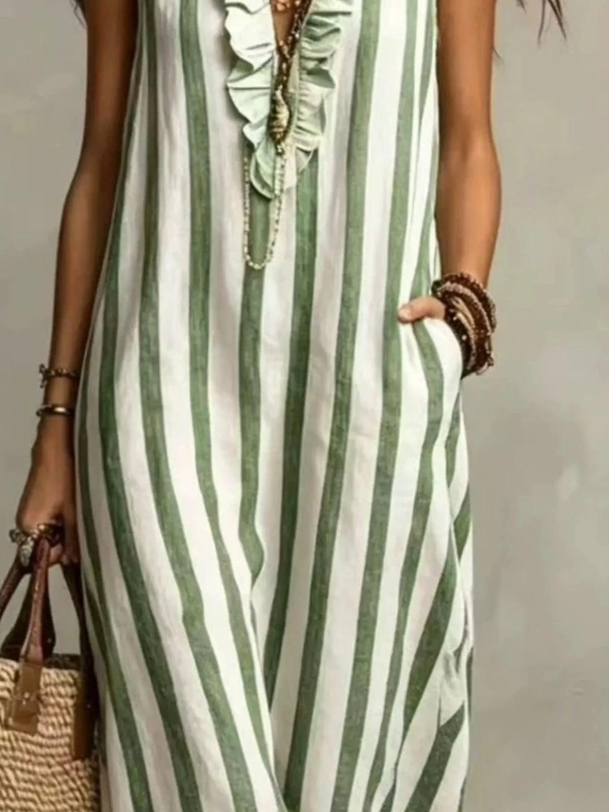 Sleeveless striped ruffle V-neck maxi dress