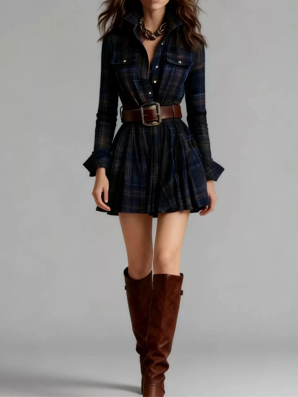 Plaid shirt dress – dark blue (with belt)
