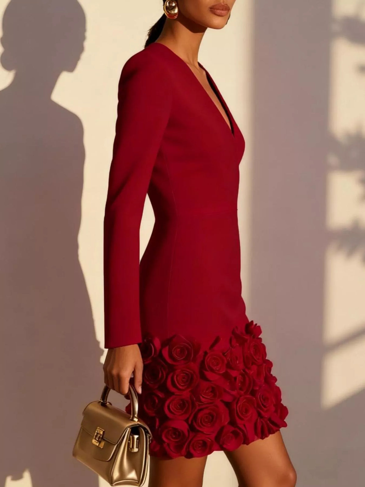 Rose-hem long-sleeve mini dress