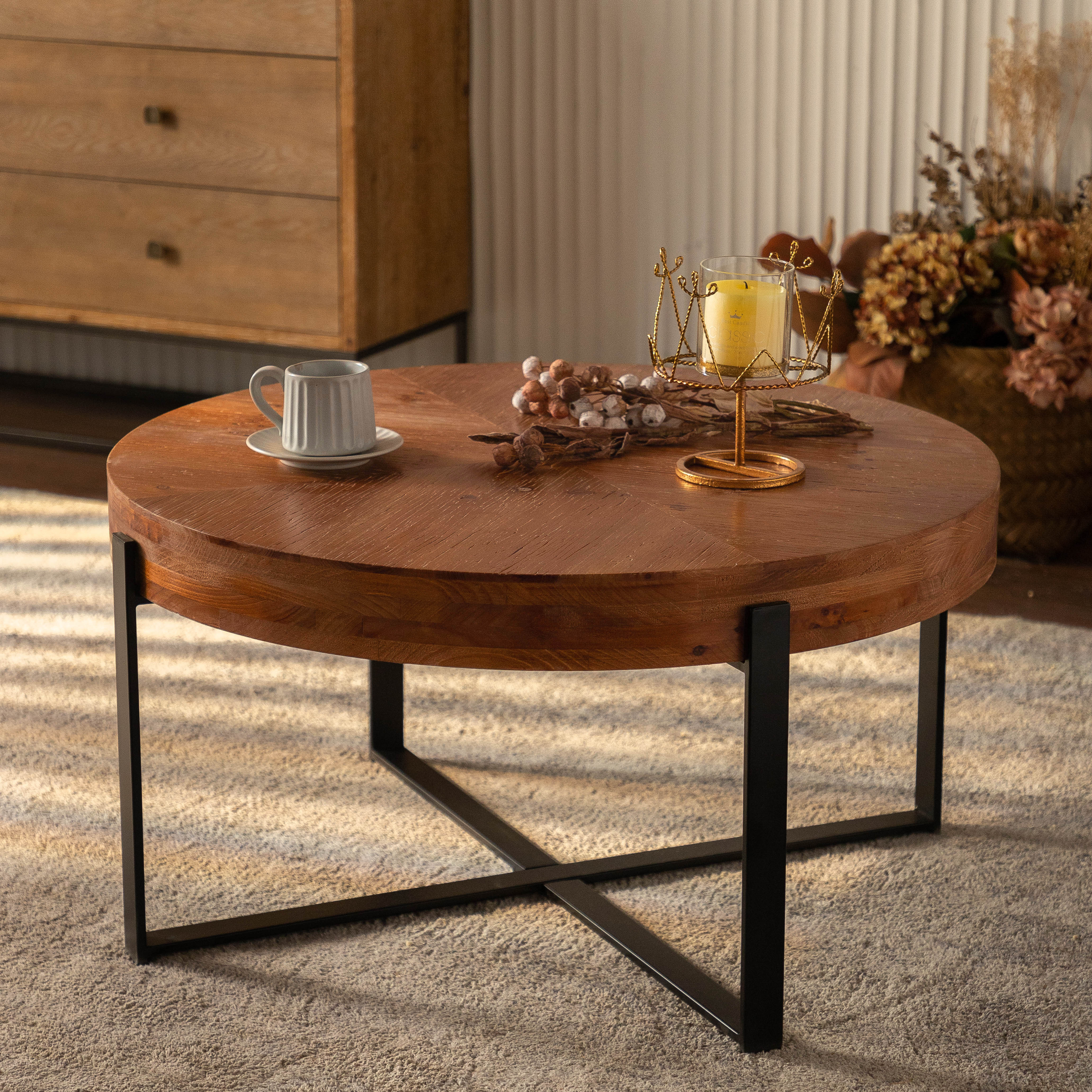 33.86"Modern Retro Splicing Round Coffee Table Fir Wood Table Top with Black Cross Legs Base(Same SKU:W757126237)