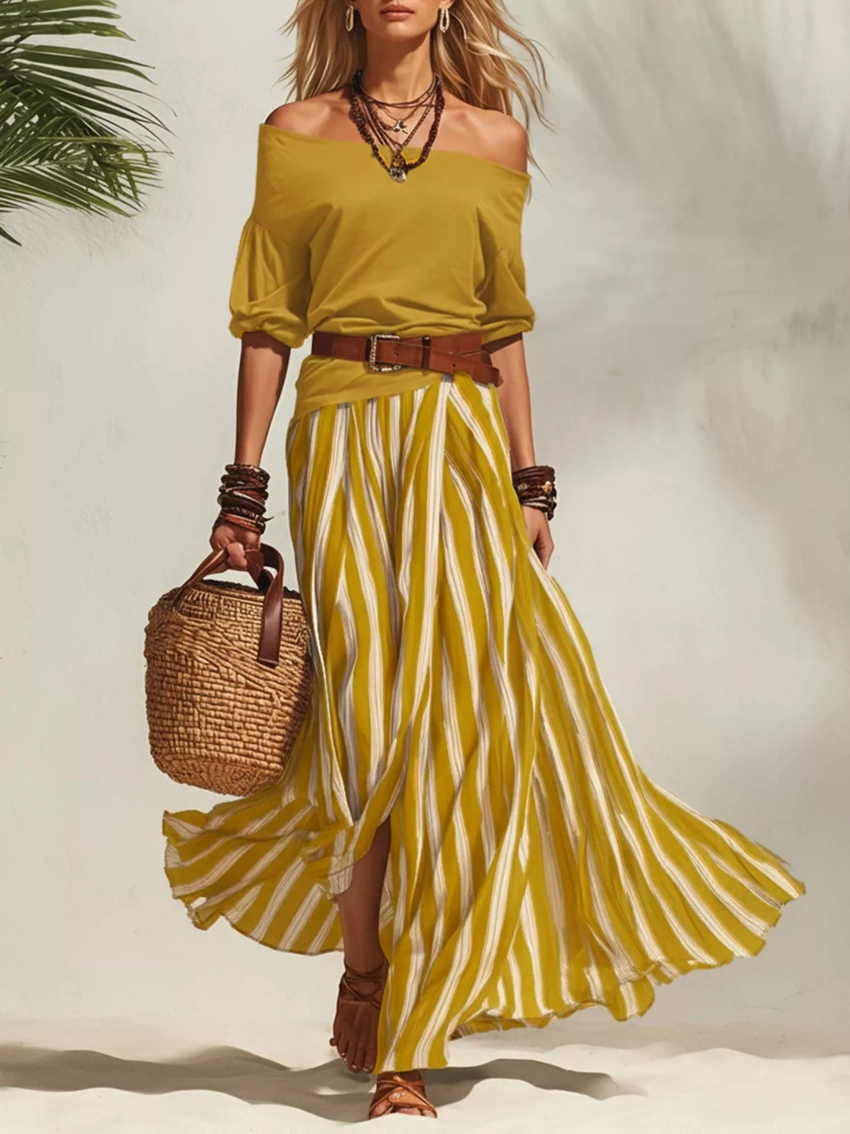Off shoulder top and striped maxi skirt set with belt, Yellow