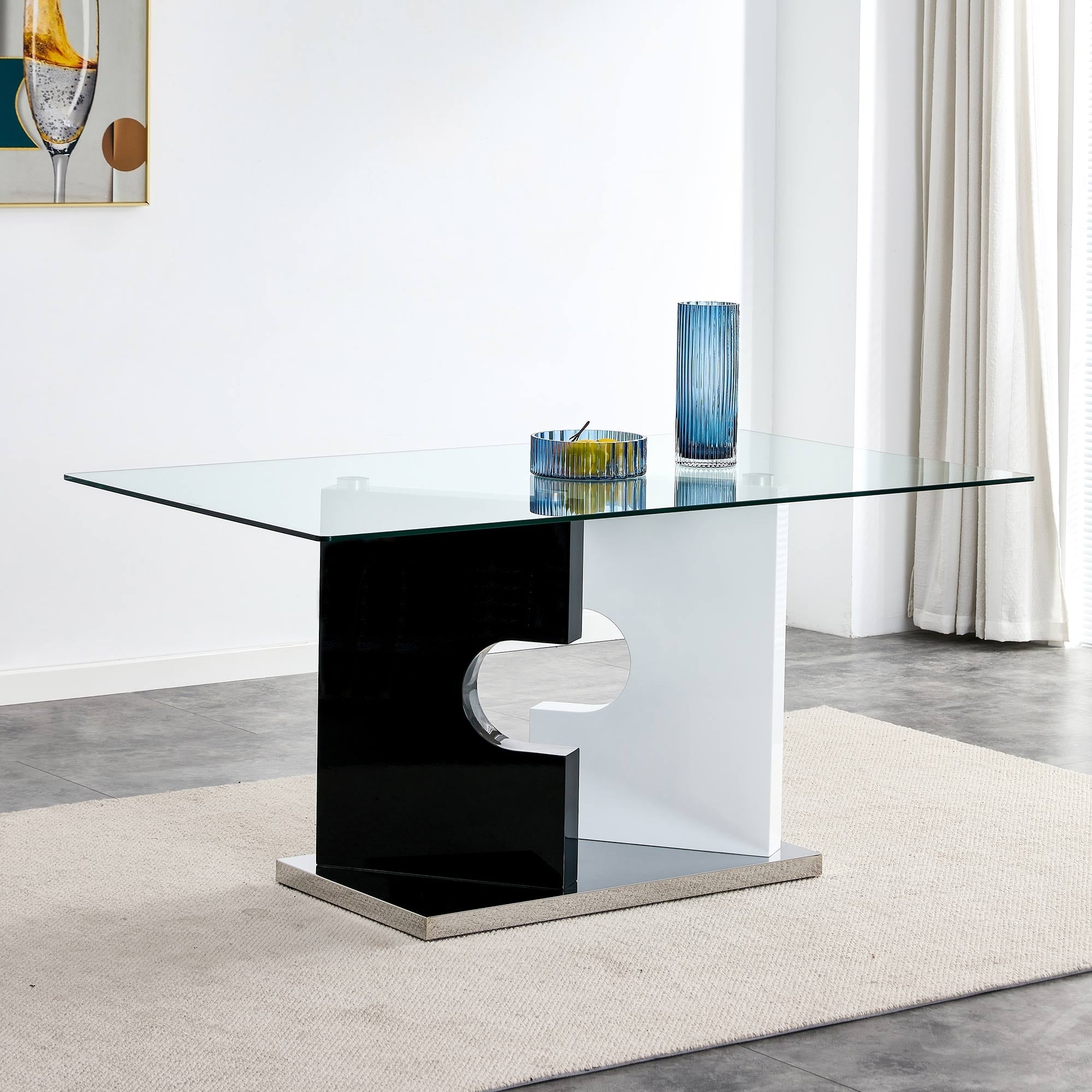 Large Modern Minimalist Rectangular Glass Dining Table for 6-8 with 0.39" Tempered Glass Tabletop