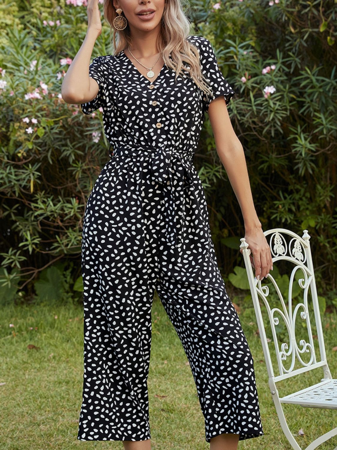 Printed V-Neck Short Sleeve Jumpsuit