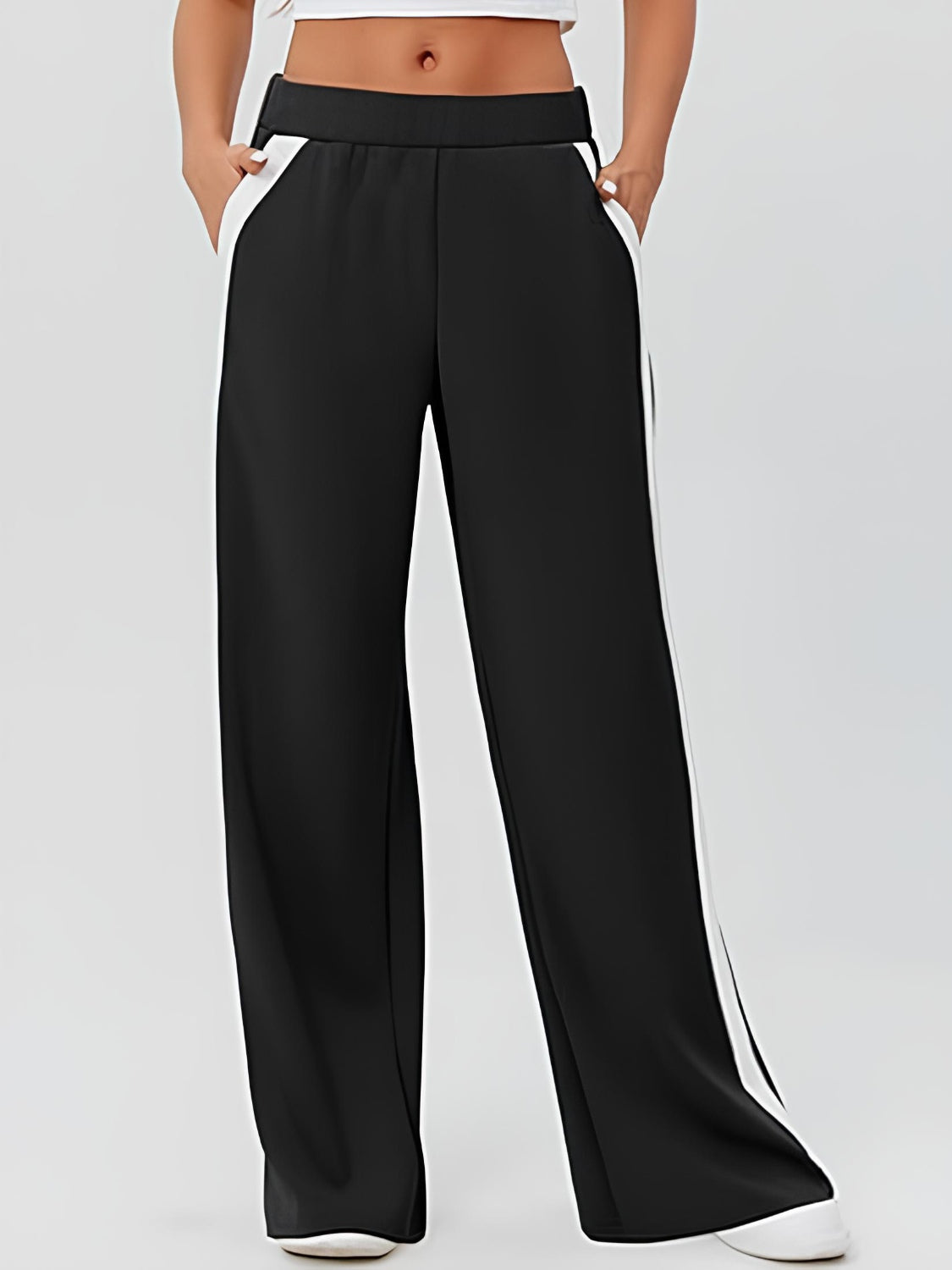 Side striped wide leg pants, Black