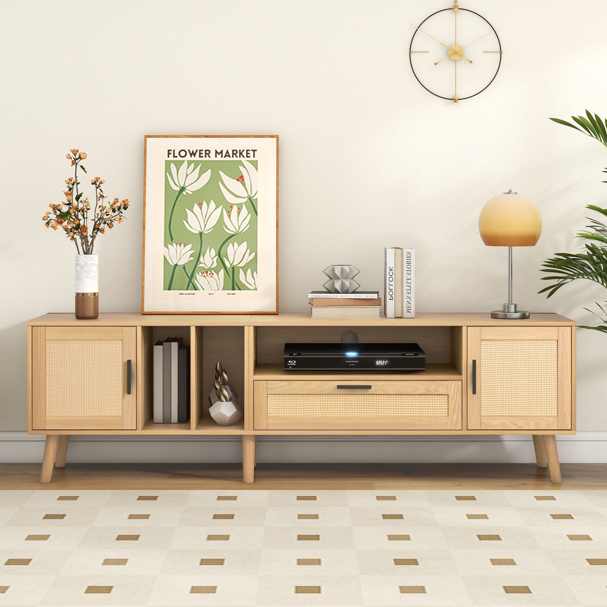 Vine TV stand with 2 cabinets and 2 open shelves, suitable for TVs under 80 inches, with solid wood legs for TV cabinets