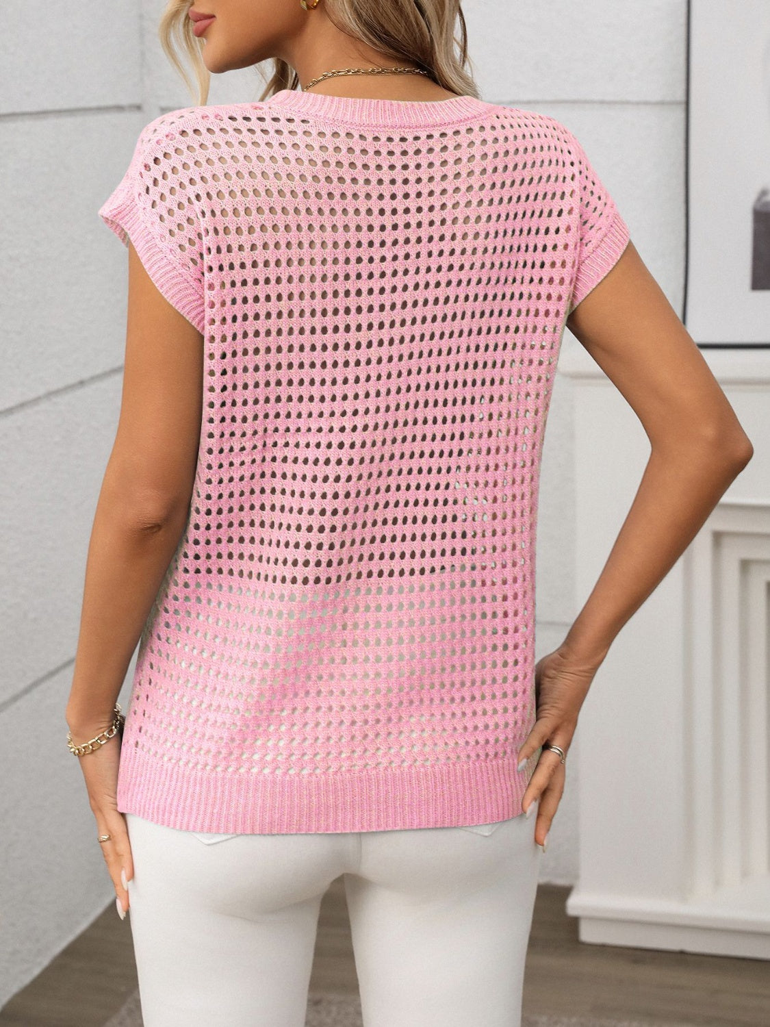 Openwork round neck short sleeve knit cover up