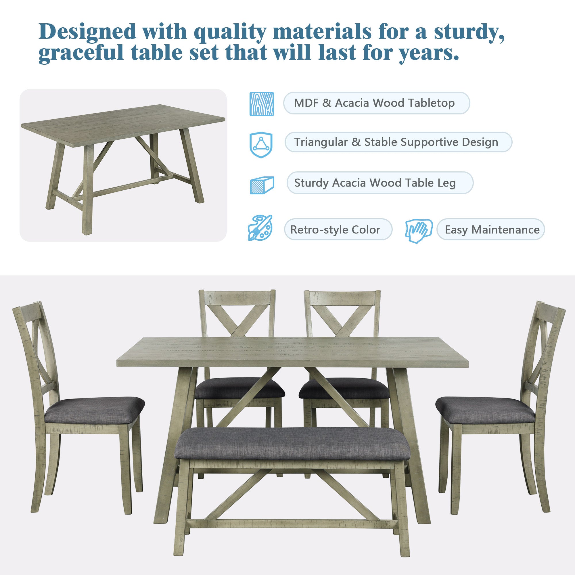 TOPMAX 6 Piece Dining Table Set Wood Dining Table and chair Kitchen Table Set with Table, Bench and 4 Chairs  Rustic Style Gray