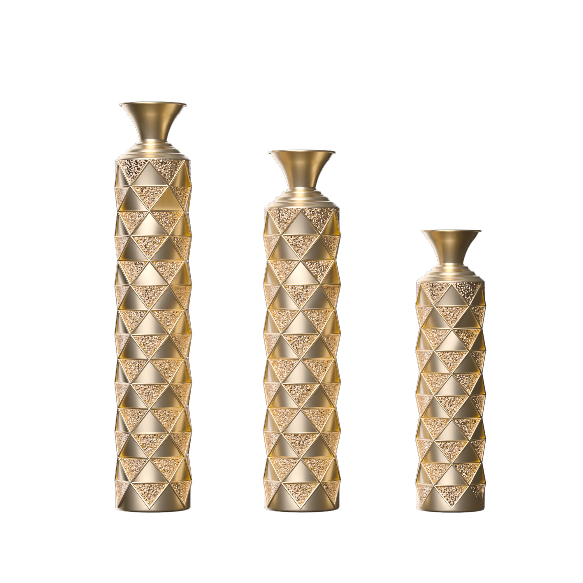 High pressure metal center vase with 3D triangular pattern, set of 3 vases, height 33.5 inches, 29.5 inches, 25.2 inches, gold