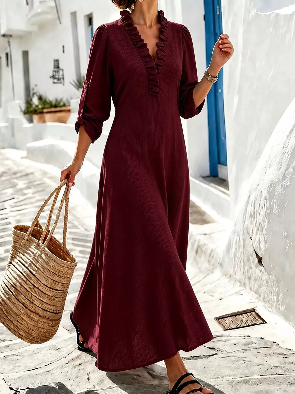 Roll-sleeve V-neck maxi dress – wine red