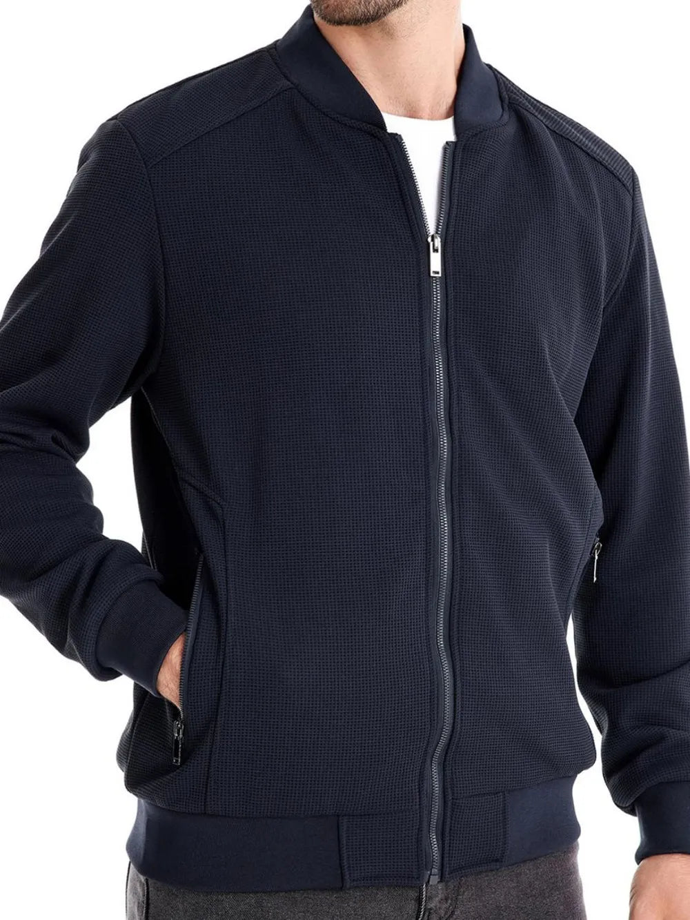 Waffle knit zip jacket, Navy
