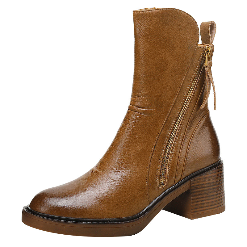 Block heel zip ankle boots, Brown, side
