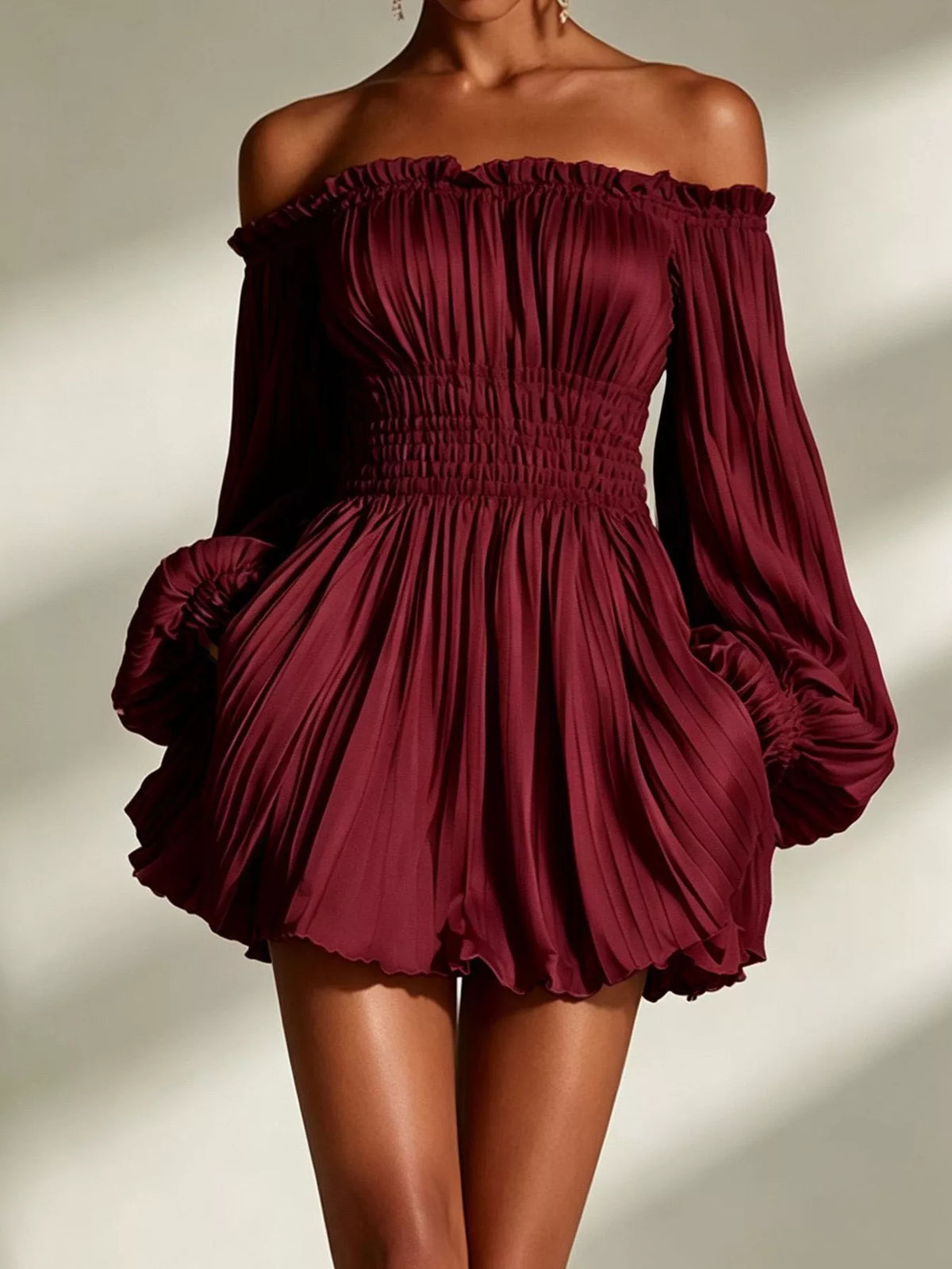 Off-shoulder pleated mini dress – burgundy