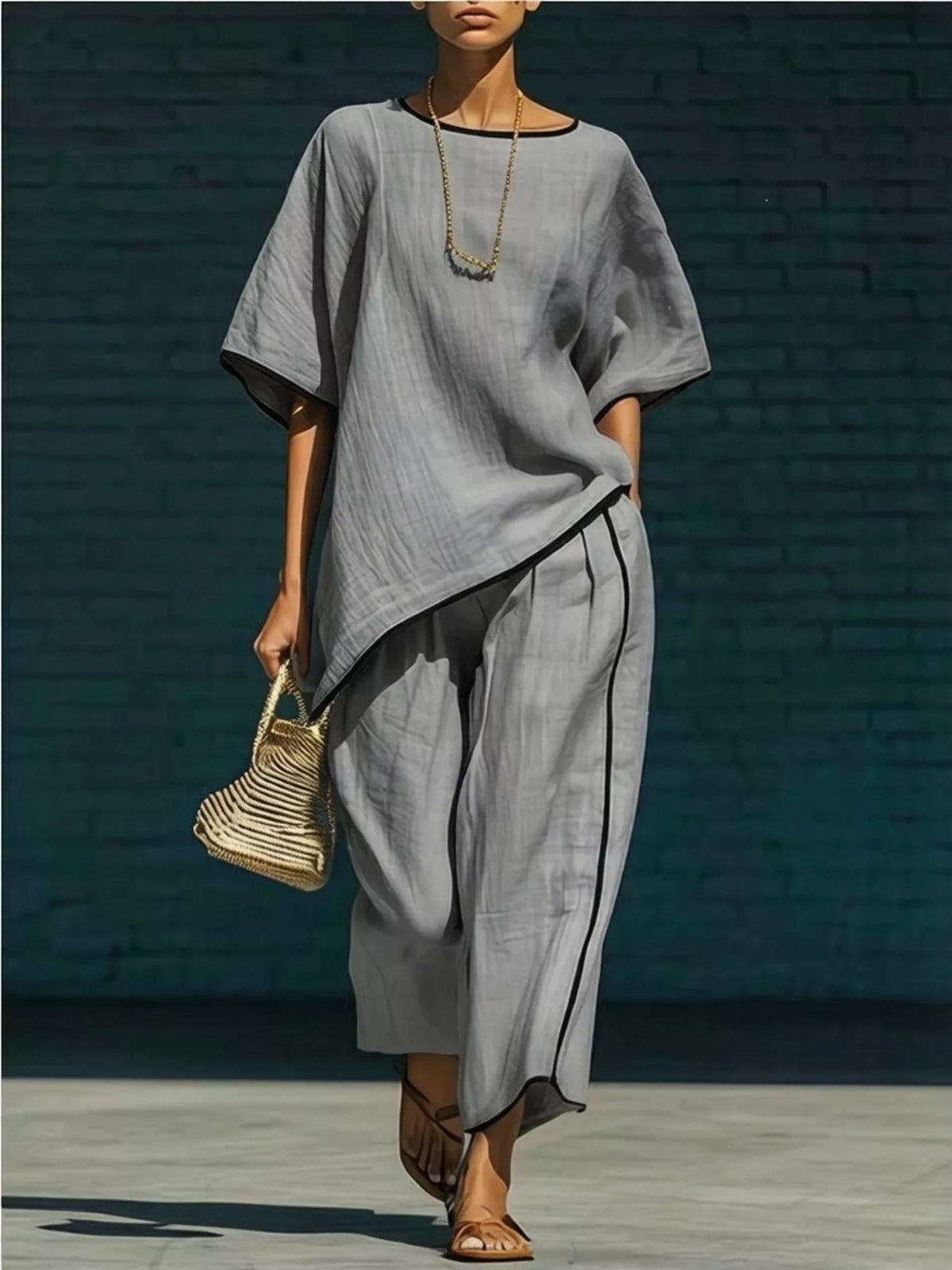 Contrast trim round neck top and pants set, Gray