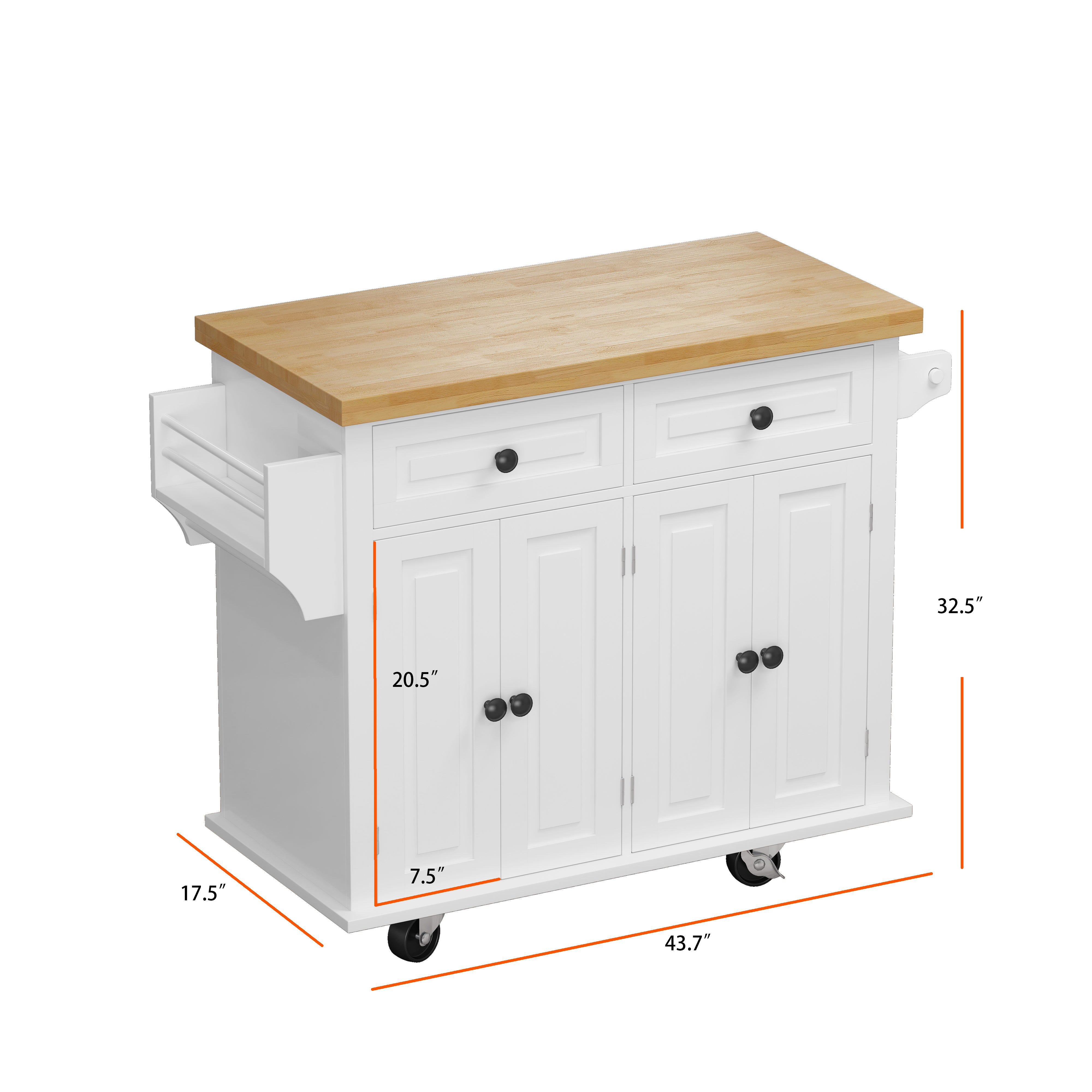 Kitchen Island Cart with Two Storage Cabinets and Two Locking Wheels 43.31 Inch Width 4 Door Cabinet and Two Drawers Spice Rack