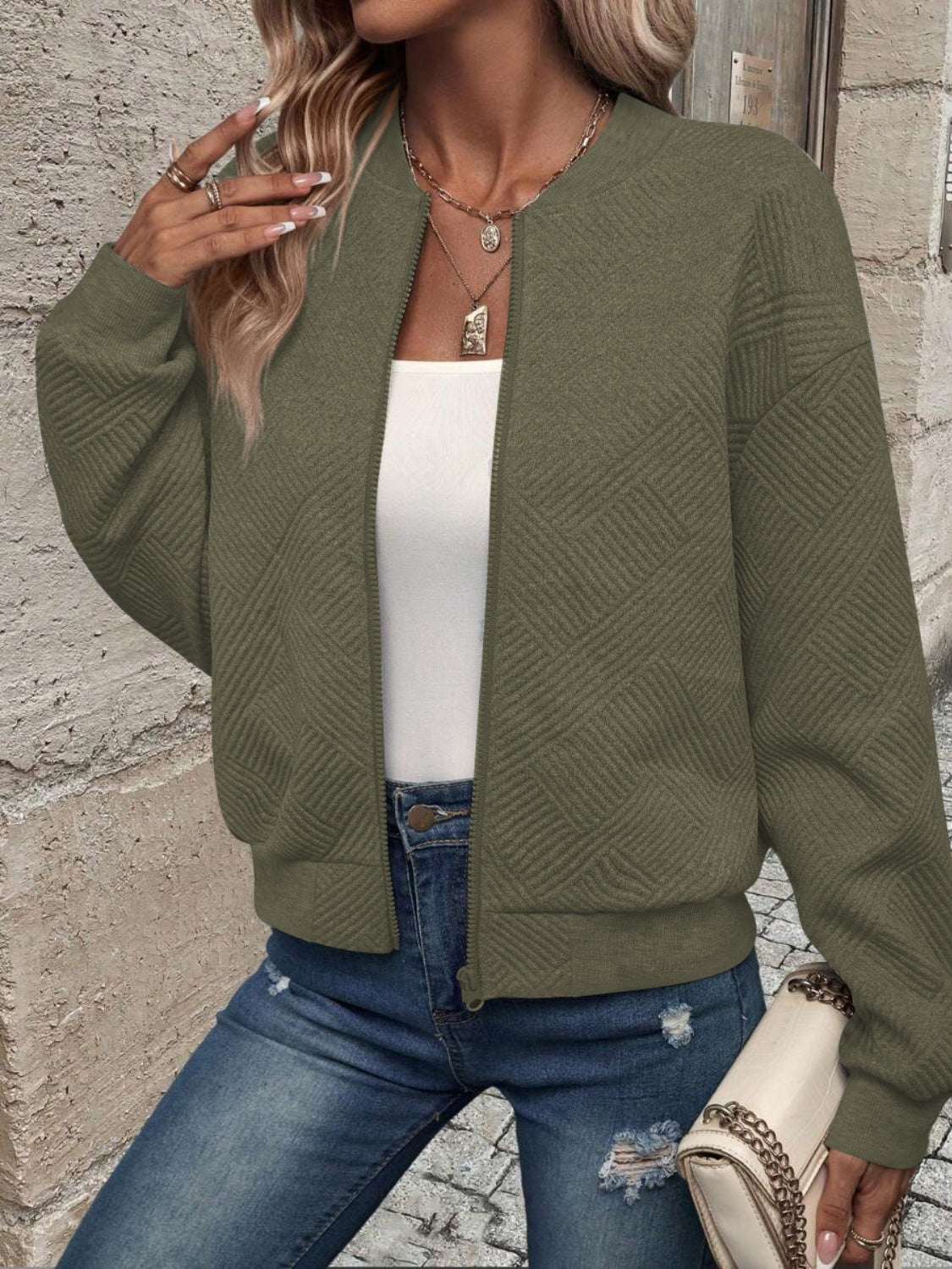 Textured zip up long sleeve jacket