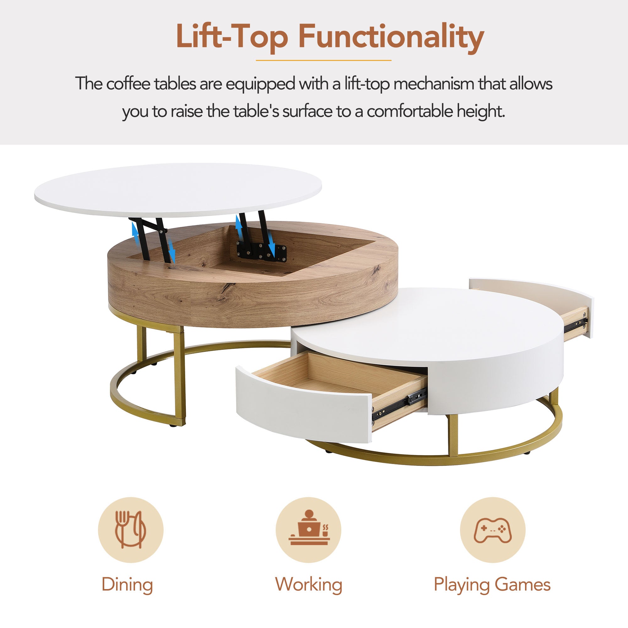 Modern Round Lift-top Nesting Coffee Tables with 2 Drawers White & Natural