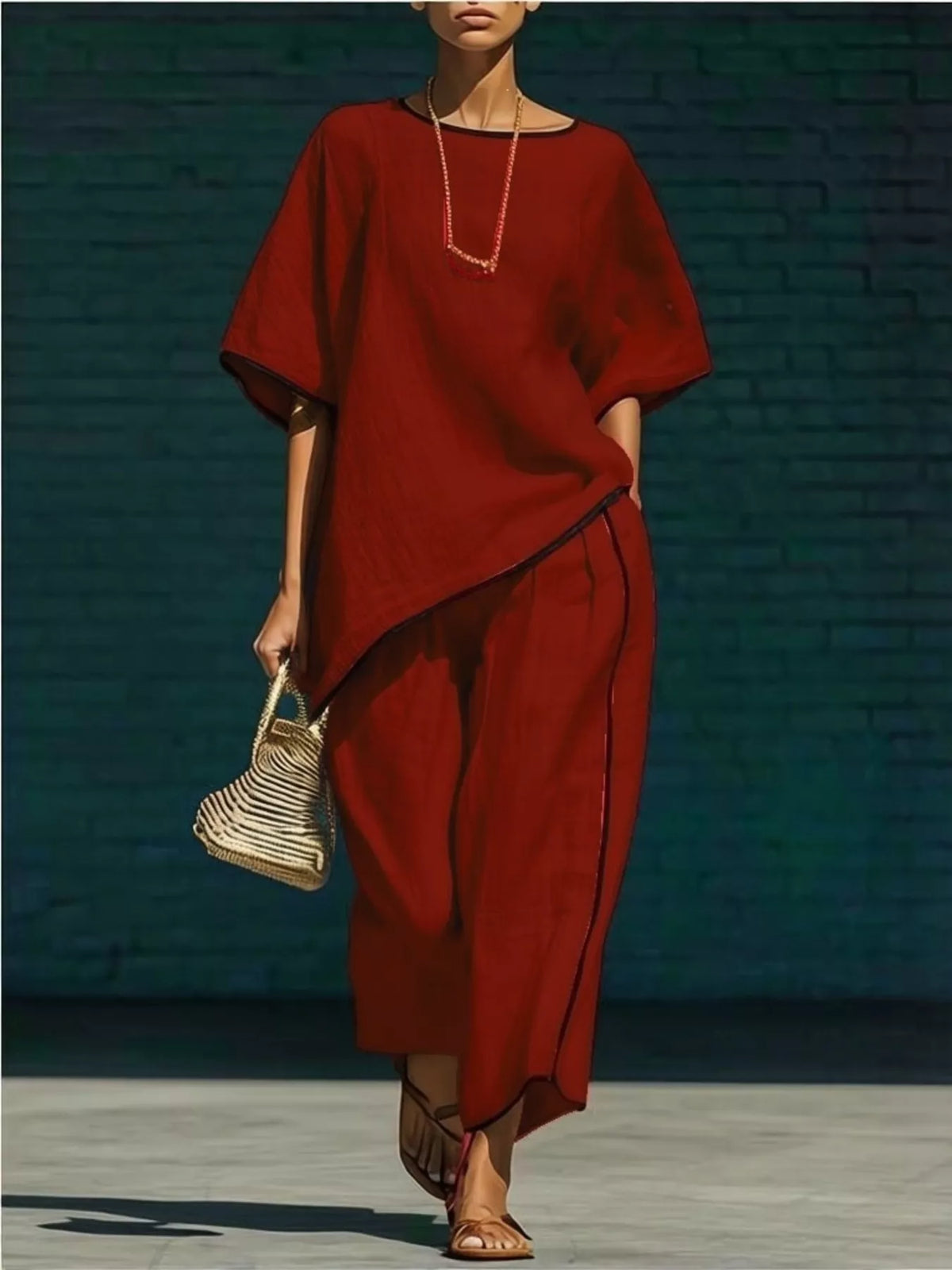 Contrast trim round neck top and pants set, Burgundy