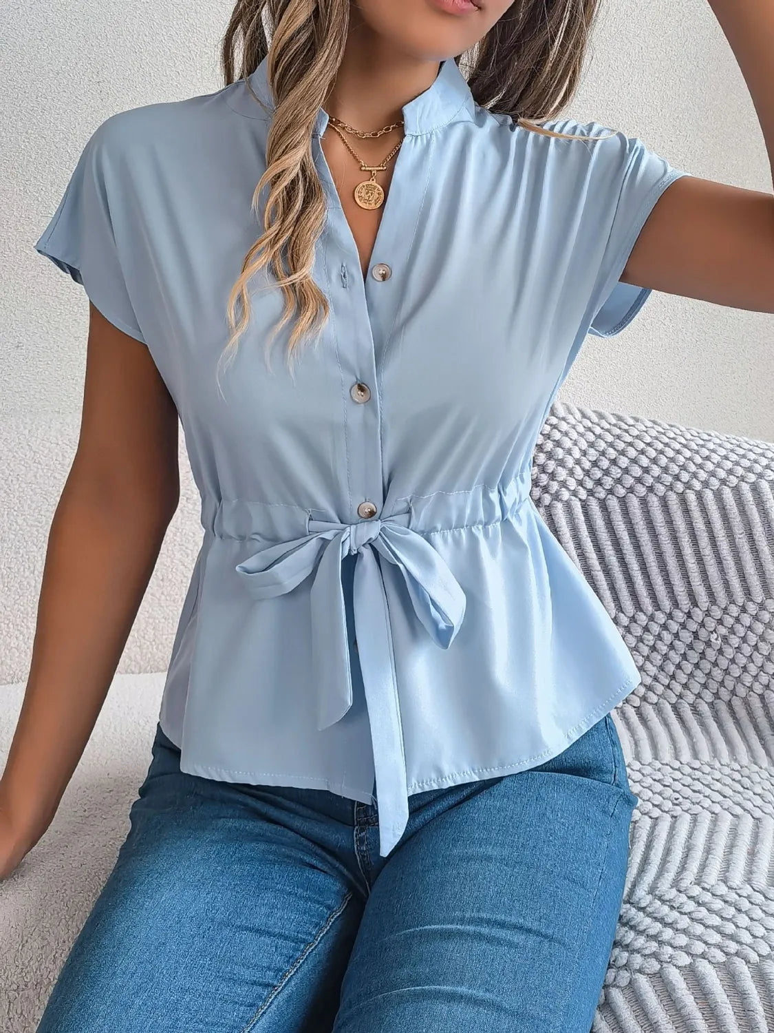 Notched short sleeve blouse