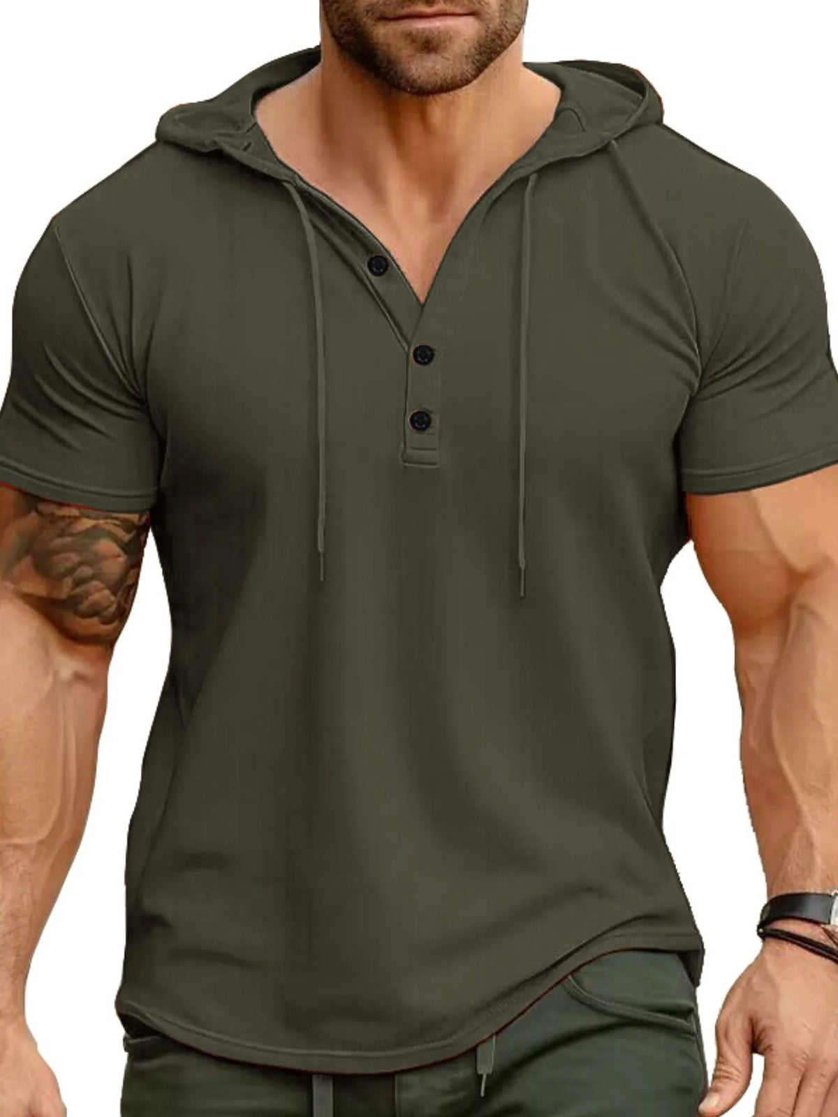 Casual hooded henley T-shirt, Army Green