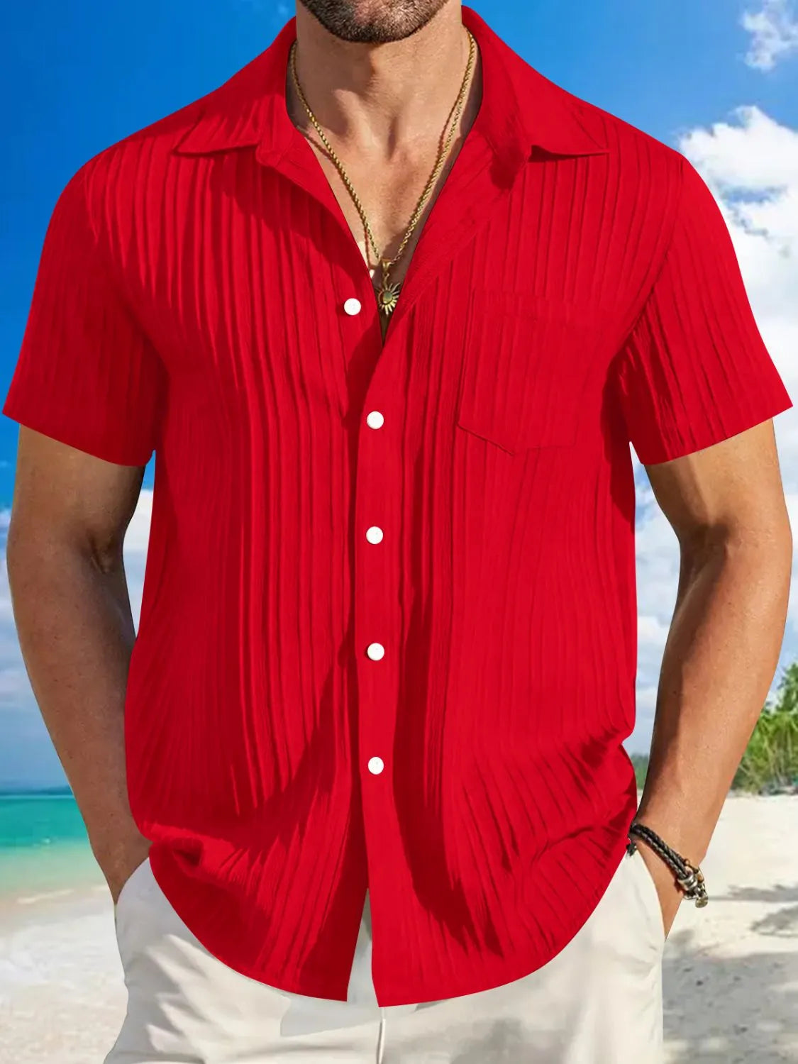 Short-sleeve button shirt – deep red