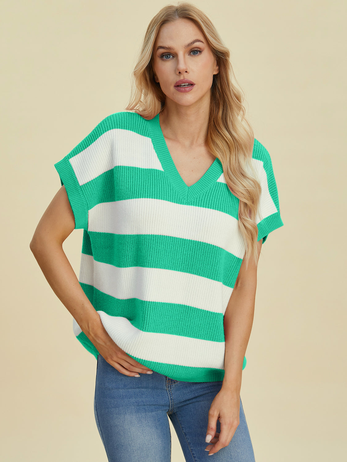 Striped V-neck short sleeve sweater