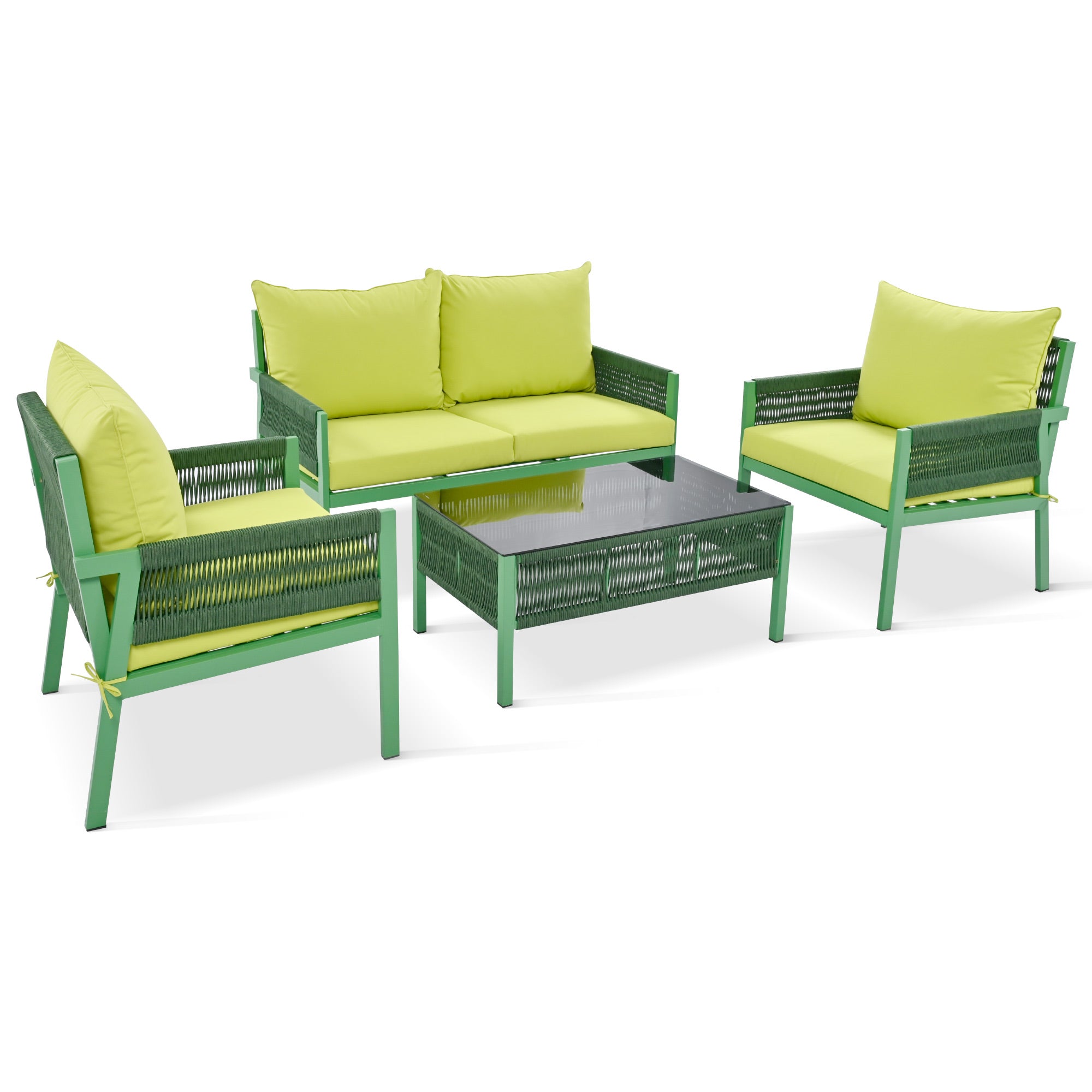 Outdoor Furniture with Tempered Glass Table,  Set Deep Seating with Thick Cushion  (Fluorescent Yellow & Green)