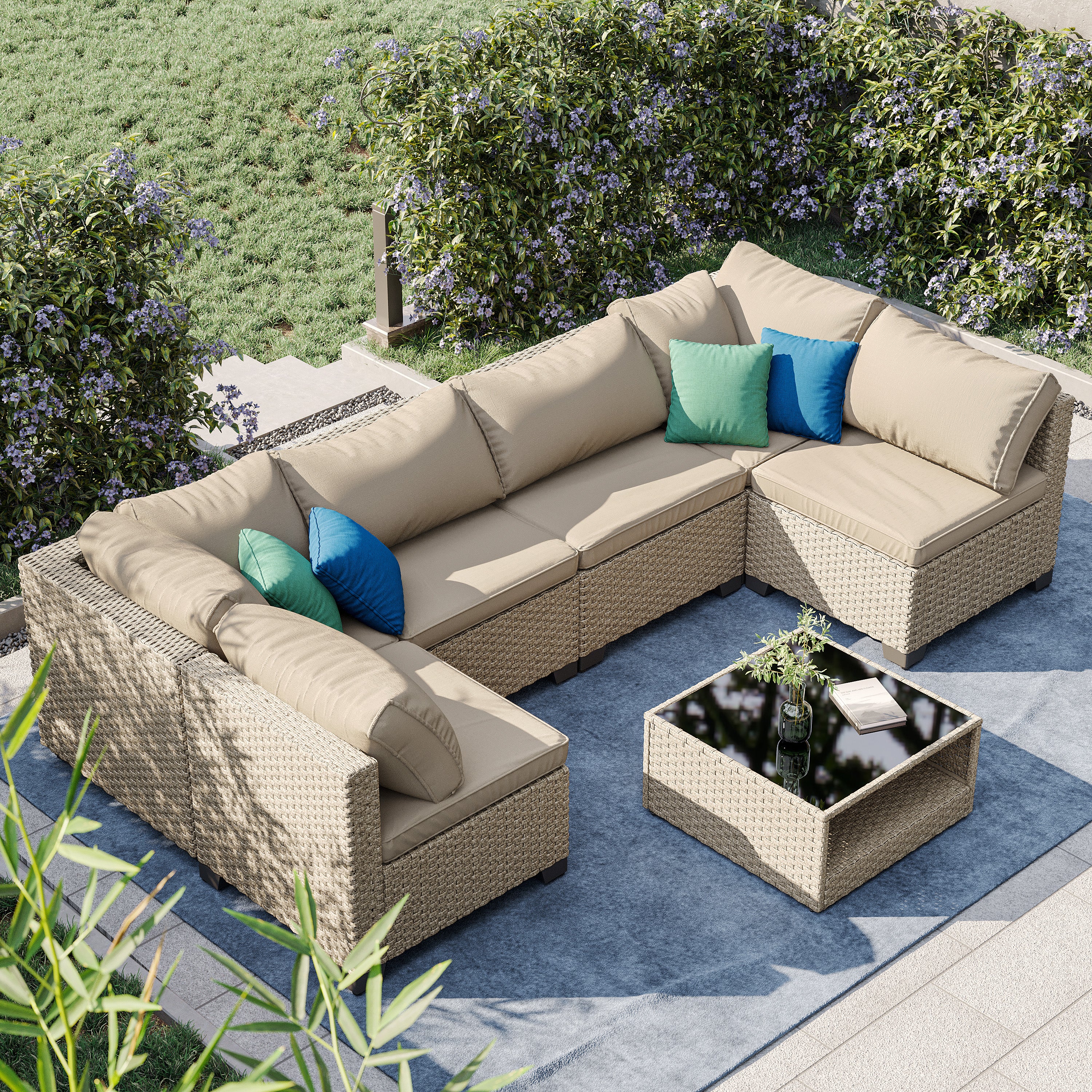 7-Piece Patio Furniture Set  All-Weather Boho Outdoor Conversation Set Sectional Sofa