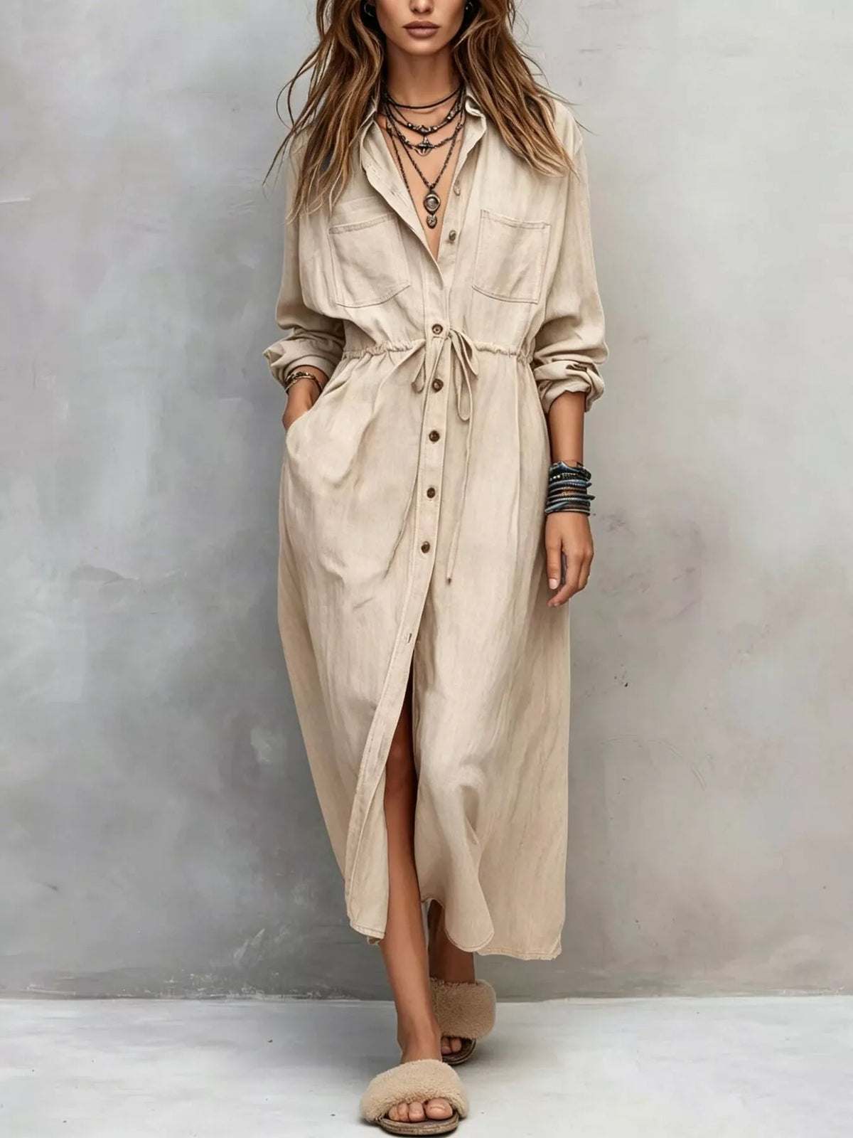 Long-sleeve shirt dress – beige