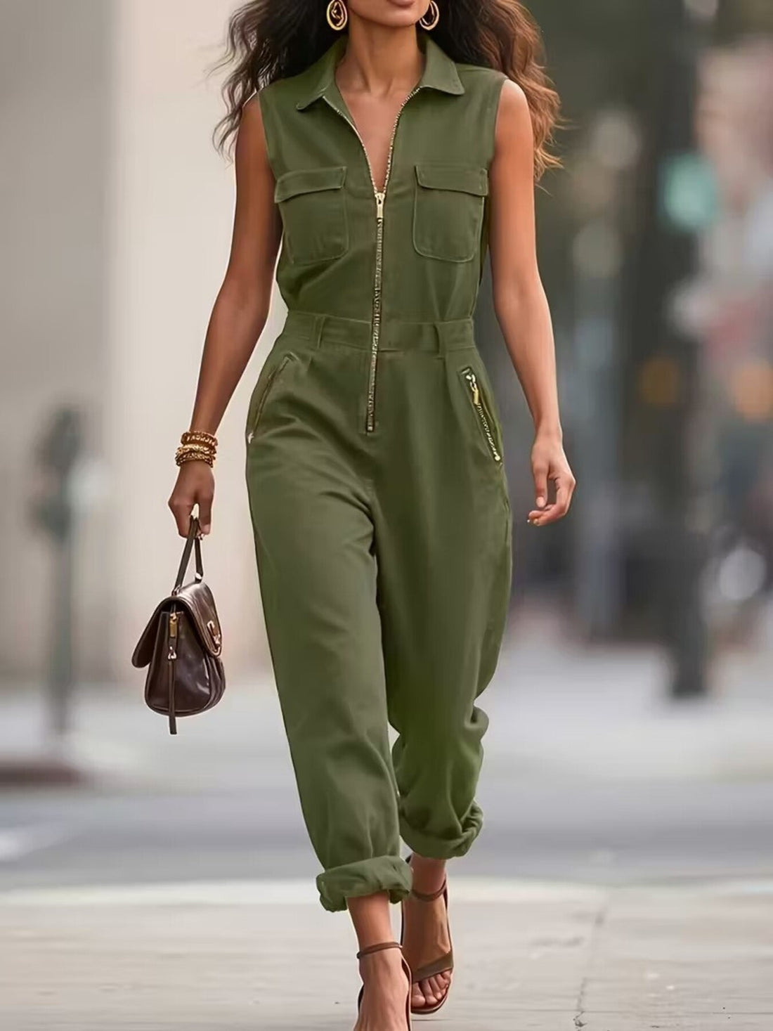 Sleeveless zip jumpsuit – green