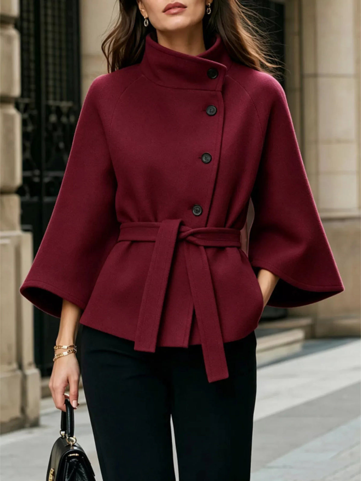 Belted cape coat – burgundy