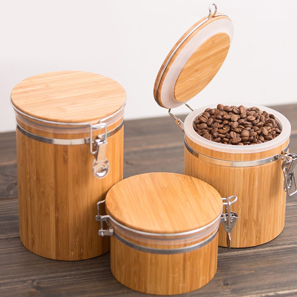 Tank Food Spice Sealed Kitchen Storage Jar Tea Round Lid Nuts Cans Container Bamboo Grains