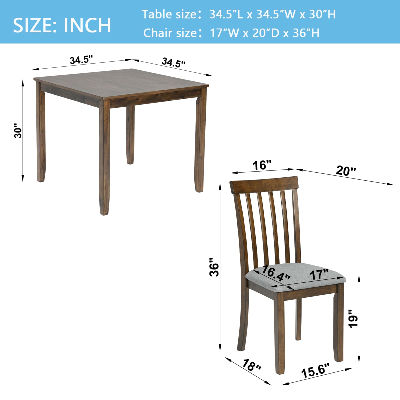 5 Piece Modern Dining Set, Square Wooden Dining Table with 4 Upholstered Chairs for Kitchen, Dining Room, Walnut