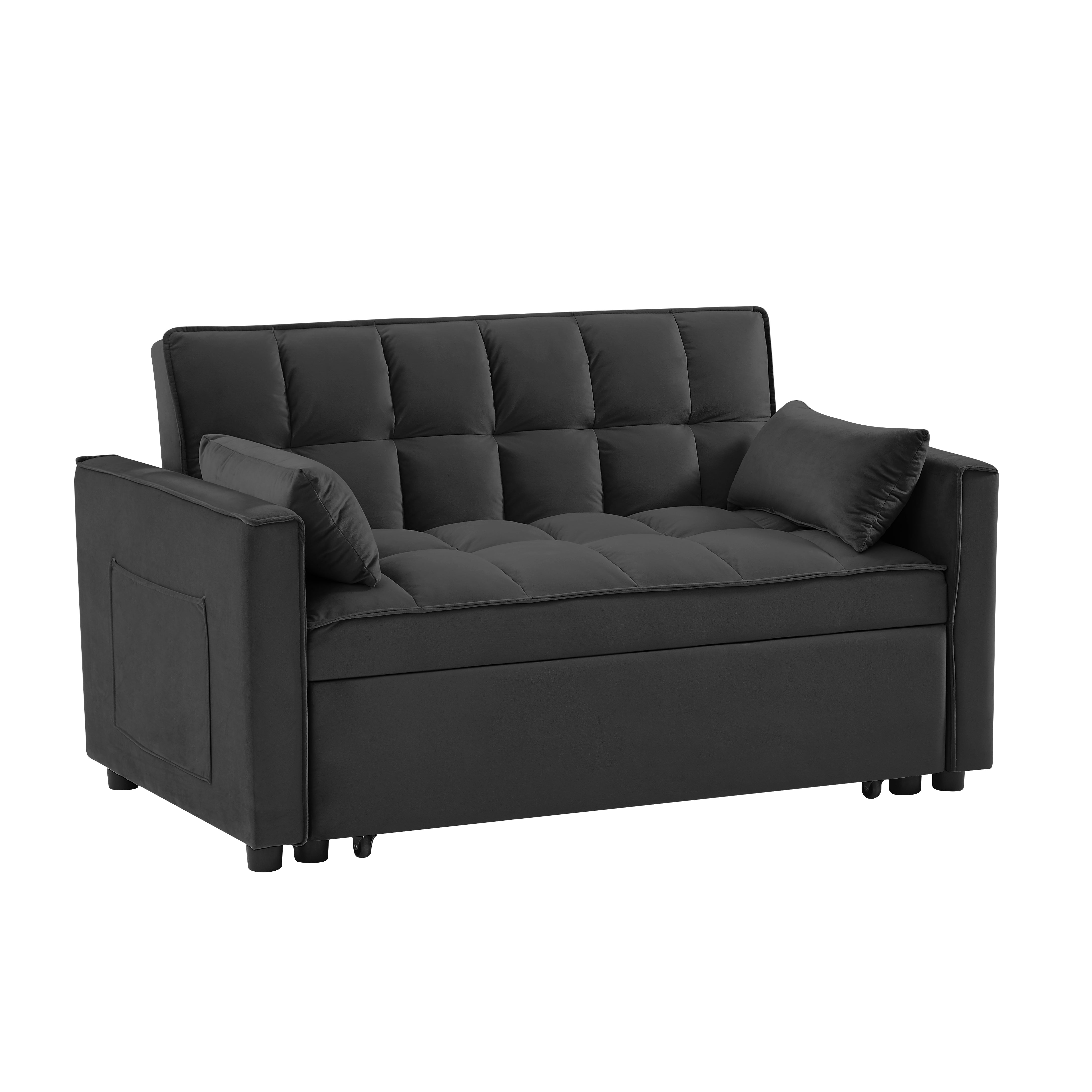 Modern Velvet Loveseat Futon Sofa with Pull out Bed, Backrest, Pillow, Pocket 3-in-1 Convertible Sleeper Sofa Bed, Black