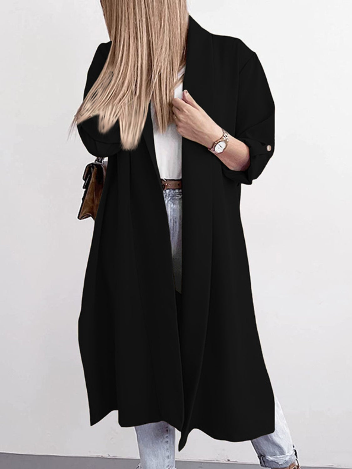 Slit open front roll-tab sleeve trench coat