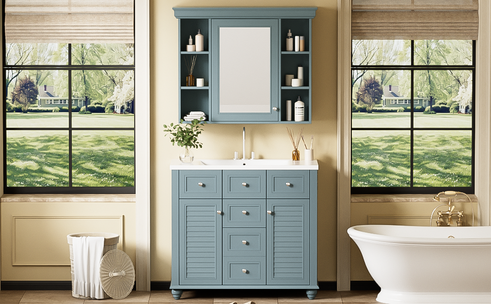 36 inch modern mirror cabinet with adjustable shelves, 2 soft closing doors, and 6 drawer storage cabinet door organizers