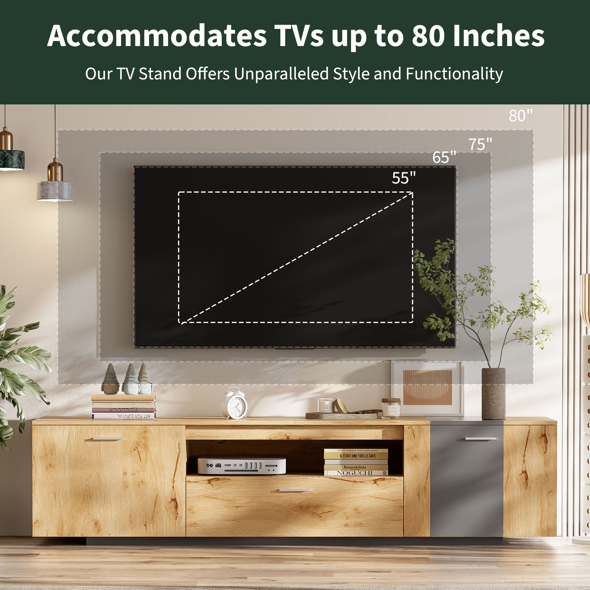 70 inch modern TV stand with 3 cabinets and drawers, entertainment center can accommodate TVs under 80 inches