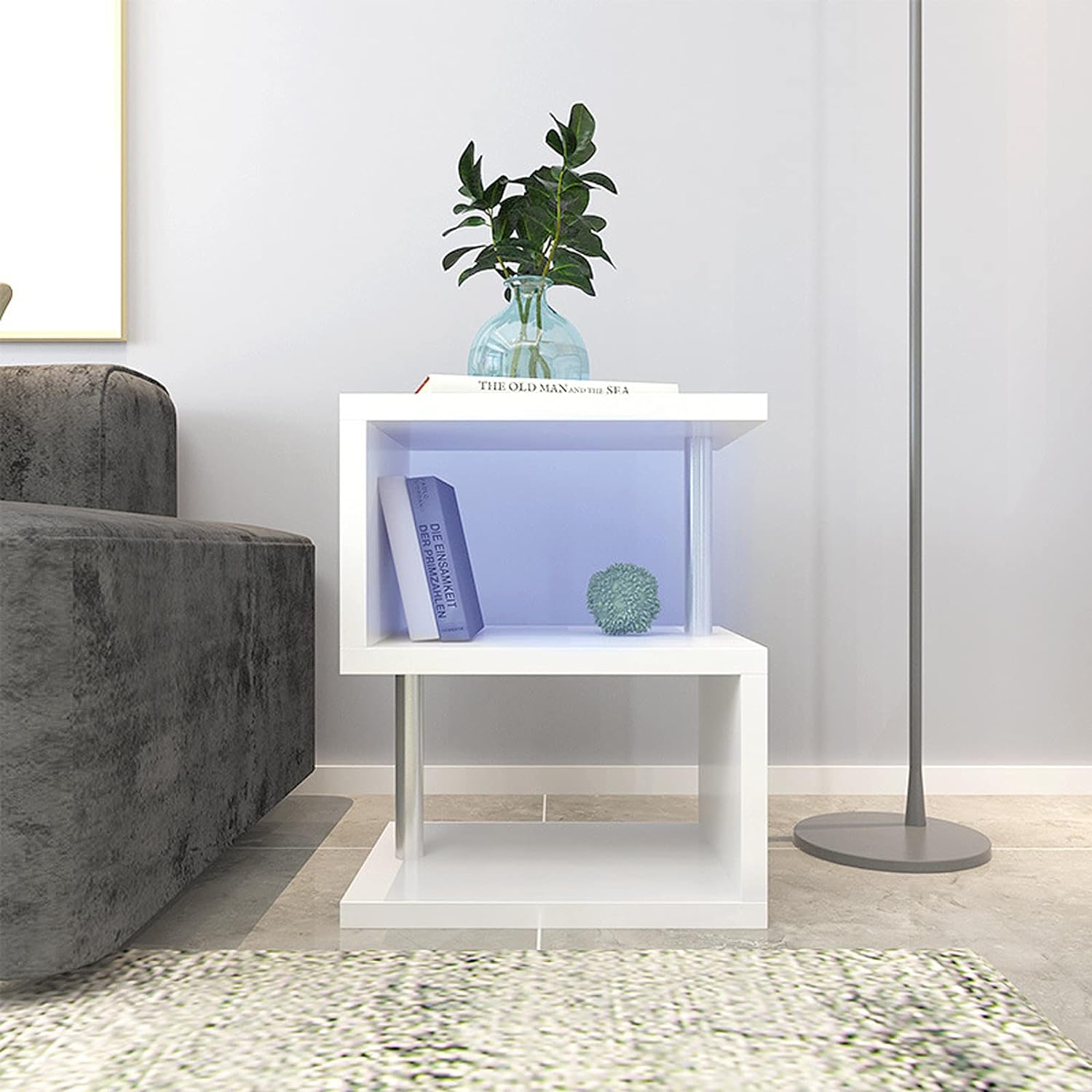 3-layer S-shaped coffee table, high gloss side table with open storage rack and USB power supply, white LED coffee table