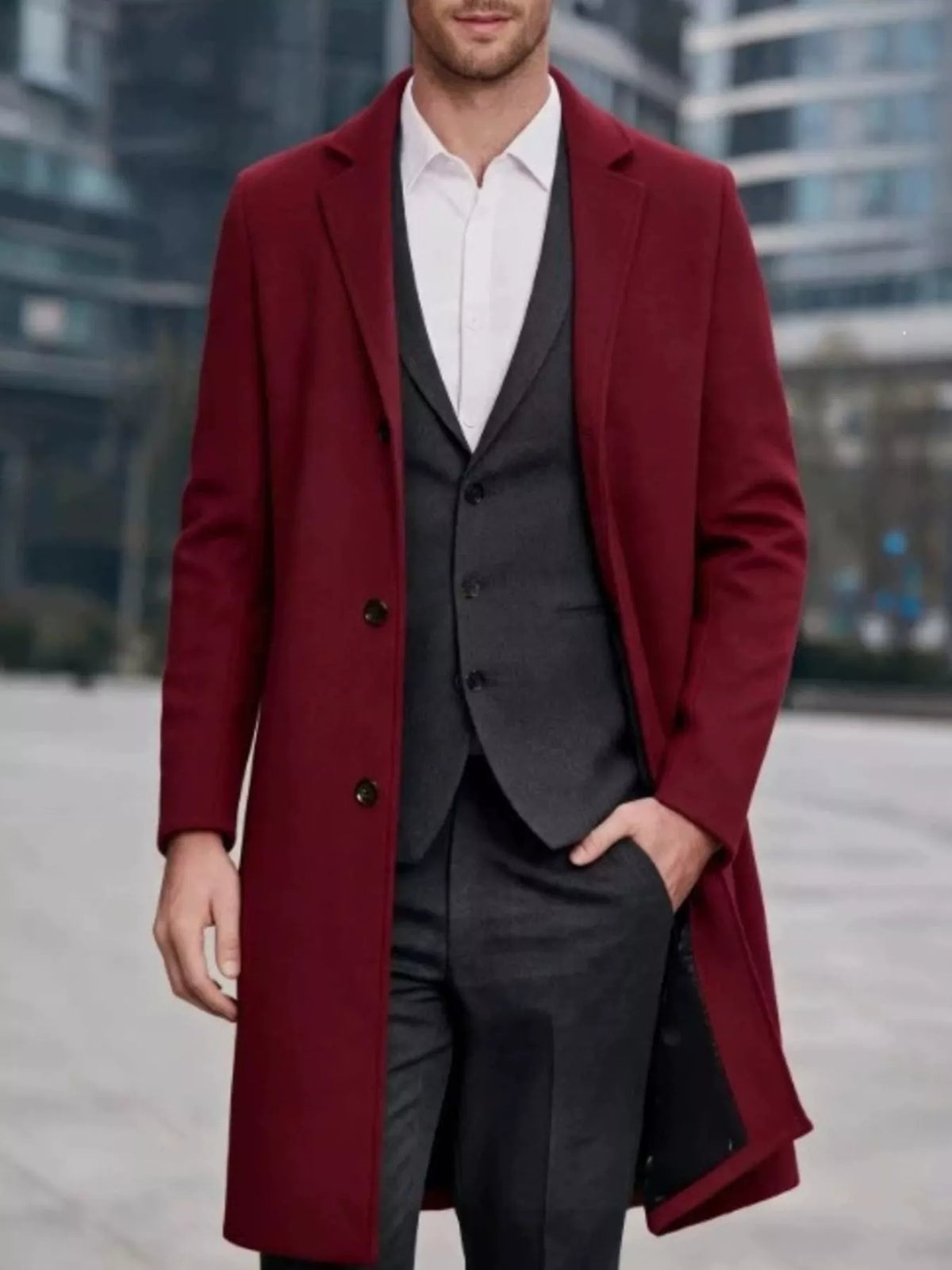 Slim-fit lapel collar overcoat, Burgundy