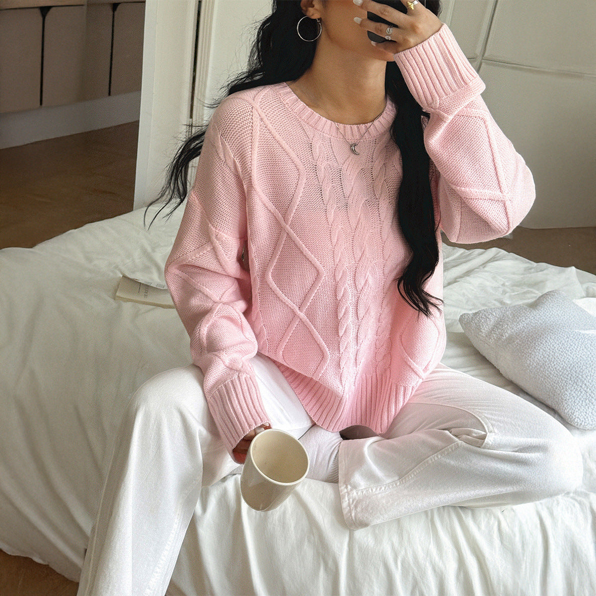 Y2K Hot Girl Solid Color Sweater Long Sleeve Woolen Fabric